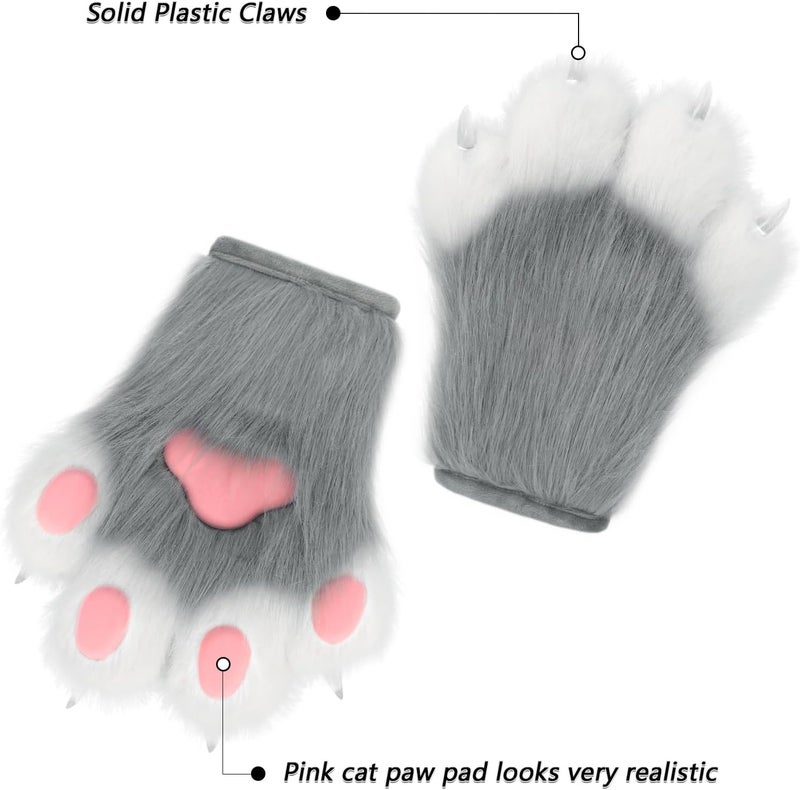 hbbhml Faux Fur Plush Furry Cat Claw Gloves Fursuit Animal Fox Paws Mittens Halloween Cosplay Costume Accessories for Adult - Image 4